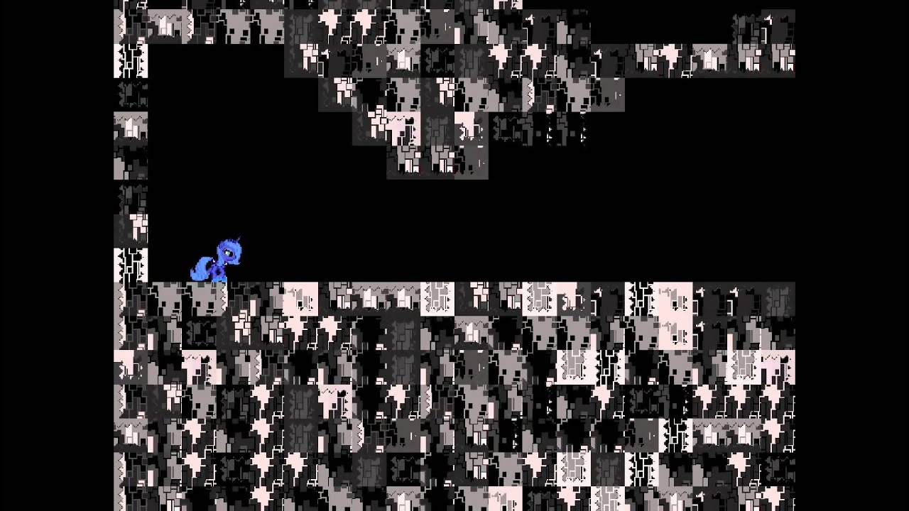 A screen shot of Luna Game 4, where Luna has to walk through the glitchy blocks that forms a path where she has to go.