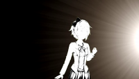 Sayori colored white and with no face, walking towards a bright light on the right