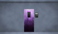 A light purple door secured by a keypad.