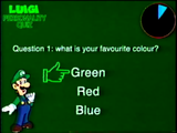 The text reads "Question 1: what is your favourite colour?" Luigi and a segmented timer appear. The options are Green, Red, Blue, with the cursor selecting Green.
