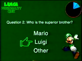 "Question 2: Who is the superior brother?" The options are Mario, Luigi, Other, with the cursor selecting Luigi.