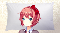 Sayori lying on a white pillow with her eyes open