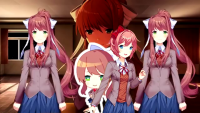 Sayori walking in front of 4 Monikas, one sitting at a desk, two standing on either side, and a chibi version in the center
