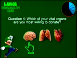 "Question 4: Which of your vital organs are you most willing to donate?" There is a picture of the brain, lungs, and heart, with the cursor selecting the brain.
